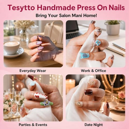 Handmade Press on Nails Long Stiletto - Virgin Mary 3D Gold Charm Pink Ombre Lily Flower Fake Nails, Reusable Acrylic Nail Art Kit for Women, 10Pcs (Blush Gilded Gold,S) - color: Blush Gilded Gold, size: S