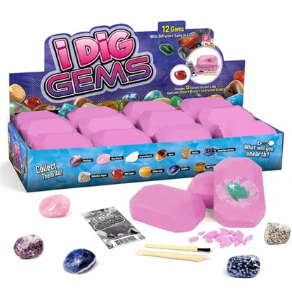 Liberty Imports 12-Pack Gem Digging Kit for Kids - Exciting Gemstone Mining Adventure - Educational STEM Crystal and Mineral Excavation – Party Favor Science Toys - style: Gemstones