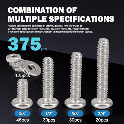 375PCS Bolt Combination kit # 6 Machine Screw with Locking Washer and Flat Washer, 304 Stainless Steel Phillips Round Head Screws nut and Bolt kit(3/8 inch, 1/2 inch, 5/8 inch, 3/4 inch) - size: 3.5 mm, style: Round head machine screw