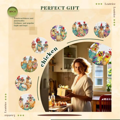 Leatrice 8 Pcs Diamond Art Coasters Small Diamond Painting Kits for Adults - color: AA Chicken