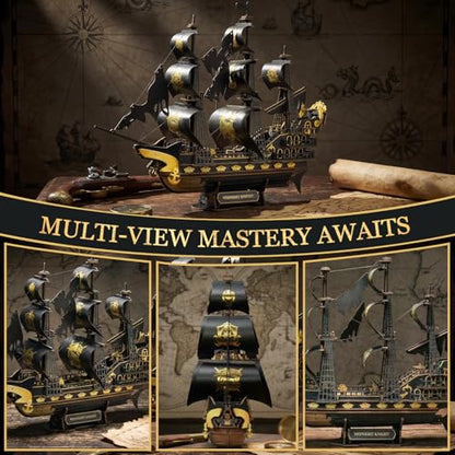 3D Wooden Puzzles for Adults - Black Pirate Ship 3D Puzzle Model Kit - color: Black-gold Pirate Ship