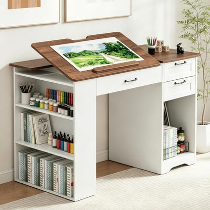 Drafting Table with Storage Cabinet & Drawers, Adjustable Drawing Table with Open Shelves, Craft Art Desk for Artists, Painters, Drawing, Crafting, Reading, Writing, Working - color: White