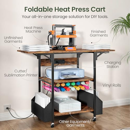 CHOEZON Foldable Heat Press Table with Charging Station, Rustic Brown - color: Rustic Brown + Black