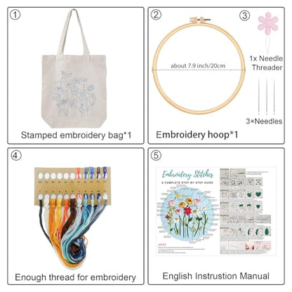 Louise Maelys Canvas Tote Bag Embroidery Kit, Hummingbird Floral Pattern - color: florals