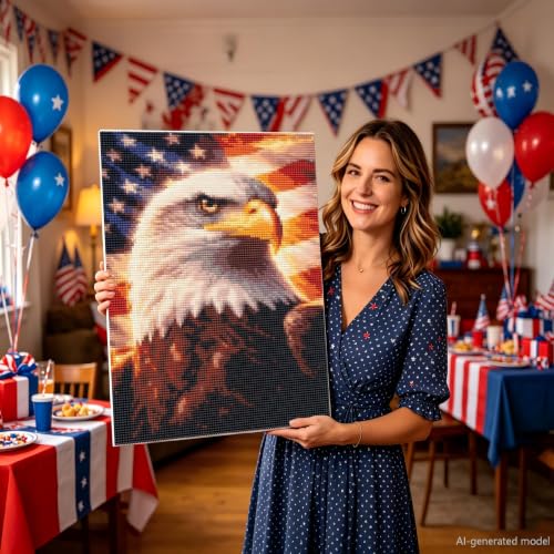 Patriotic Bald Eagle Diamond Art Kit for Adults, 5D Round Drill 12x16 Inch - color: HS038-1