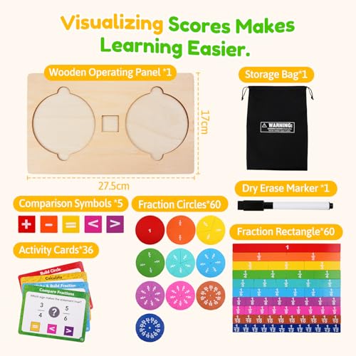 Fraction Manipulatives for Kids, Wooden Fraction Tiles, Fraction Circles & Fraction Bars, Montessori Math Manipulatives with 36 Activity Cards, Compare Fractions, Addition & Subtraction, Grade 1-4
