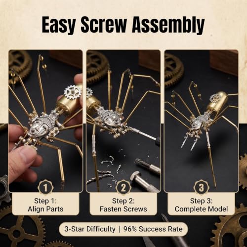 Retro Steampunk Mechanical Insect Craft – 140+ Parts 2-3 Hours Build Time 96% Success Rate 3D Metal Spider Puzzle Unique for 14+ Teens Men Adults Desk Ornament (Frons Spider) - style: Frons Spider