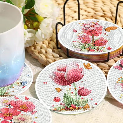 Xylogist 8 Pcs Flowers Diamond Art Coasters with Holder Cork Pads - color: Flowers Butterfly Diamond Art Coasters