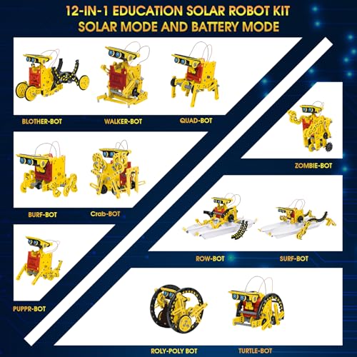 Solar Robot Kit for Kids Age 8-12, STEM Building Toys,12-in-1 Build Your Own Robot with Solar Panel & Battery Power, Science Engineering Christmas Birthday Idea Gifts for Boy Age 8 9 10 11 12 - color: Yellow