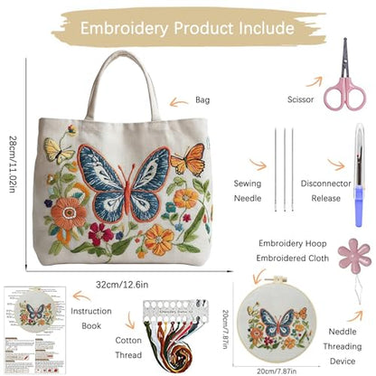 ARTopet 3Pcs Embroidery Tote Bag Kit for Beginners Butterfly Canvas Cross Stitch Handbag with Hoops Needles Threads Reusable Grocery Bag for Women - color: 3Pcs