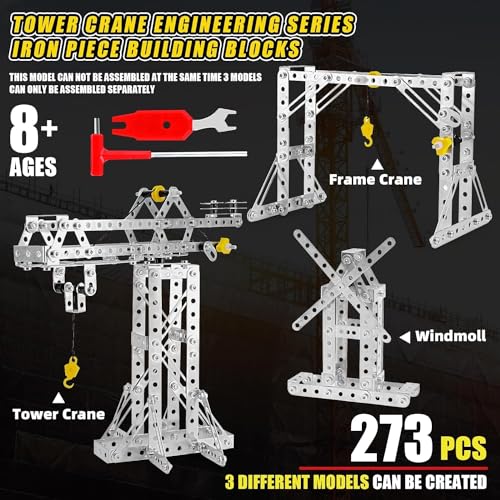 BESTYMXY Building Toys Model Set 273PCS - Tower Crane, Frame Crane & Windmill 3 in 1 Metal Kit, DIY Building STEM Projects, Educational Assembly Metal Toys