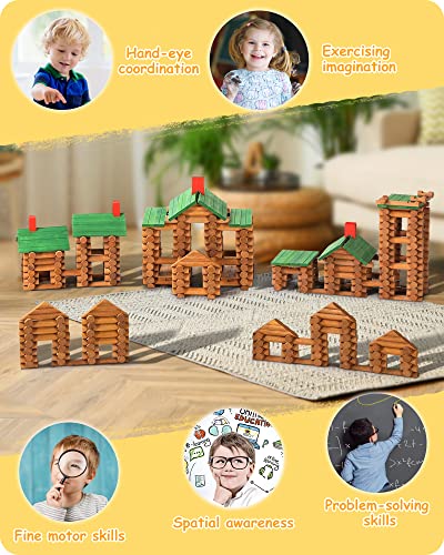 SainSmart Jr. 665 PCS Wooden Log Cabin Set Building House Toy for Toddlers, Classical STEM Construction Kit Compatible with Lincoln Logs for 3+ Kids - style: 665 PCS