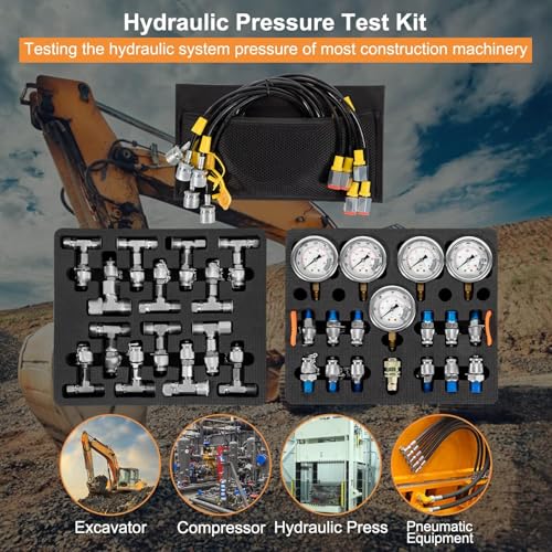 Hydraulic Pressure Test Kit with 5 Gauges(Max 10000 PSI), 13 Test Couplings 14 Tee Connectors 5 Test Hoses, Hydraulic Nitrogen Gauge Tester Set with Carrying Case for Excavator Construction Machinery - size: 5 Gauges 13 Test Couplings