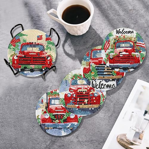 Leatrice 6 Pcs Christmas Truck Diamond Art Coasters Kits for Adults 4 in - color: BB Christmas Truck