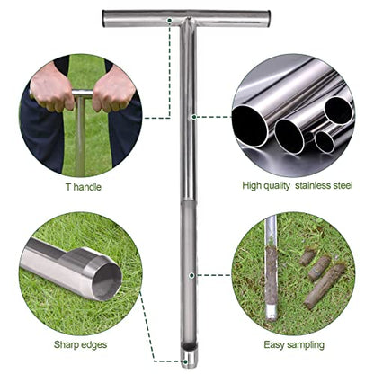 Soil Probe 20 Inch with 2 Bags, Soil Sample Probe for Lawn House Plants, T-Handle Soil Sampler Probe Rod, Stainless Steel Soil Test Kits Tool for Soil Sampling - size: 20"