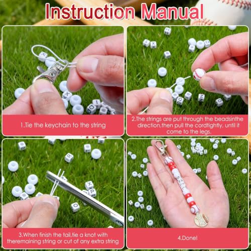 Tuhangcc 500 Pcs Baseball DIY Keychain Making Kit, Adjustable Letter Alphabet Beads Strings,8 Charm 16 Cards with Lobster Clasps & Strings for Sport Theme Party Favor Gift (Baseball) - color: Baseball