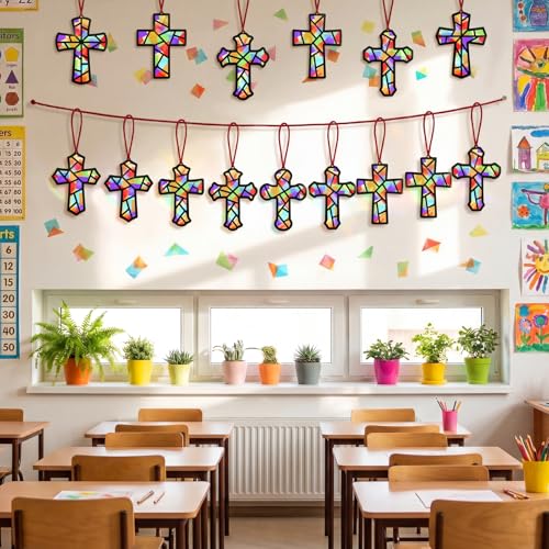 Renbuzhu 48PCS Sunday School VBS Crafts Bulk: Paper Cross Nativity Suncatchers, Jesus Religious Christian Activity DIY Kits Church Decorations, Window Stained Glass Effect Art Supplies - style: religious cross