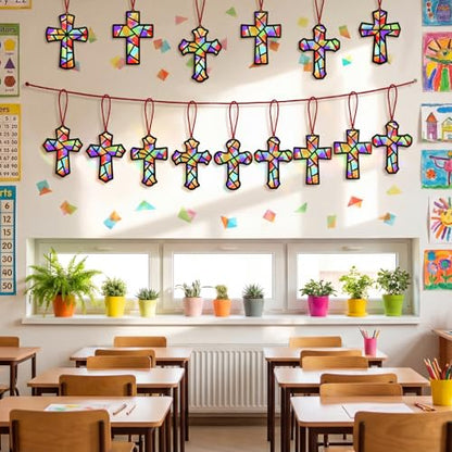 Renbuzhu 48PCS Sunday School VBS Crafts Bulk: Paper Cross Nativity Suncatchers, Jesus Religious Christian Activity DIY Kits Church Decorations, Window Stained Glass Effect Art Supplies - style: religious cross