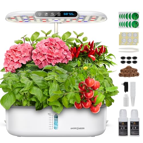 Ahopegarden Hydroponics Growing System with 12 Pods, Indoor Garden Kit with LED Grow Light & LCD Temp Humidity Display, Smart Quiet Pump Planter for Herbs, Lettuce, Vegetables, Kitchen Garden Use