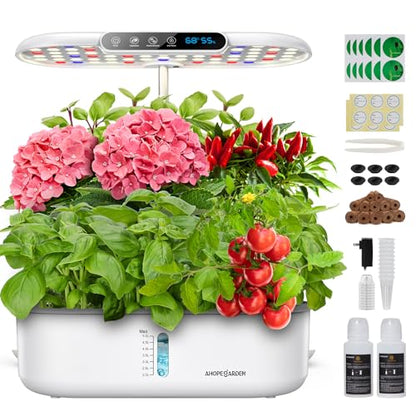 Ahopegarden Hydroponics Growing System with 12 Pods, Indoor Garden Kit with LED Grow Light & LCD Temp Humidity Display, Smart Quiet Pump Planter for Herbs, Lettuce, Vegetables, Kitchen Garden Use