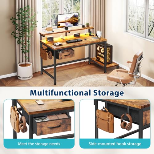 DurayLoly 32" Office Desk with Power Outlet & Fabric Drawer,Rustic Brown - color: Rustic Brown, size: 32 IN