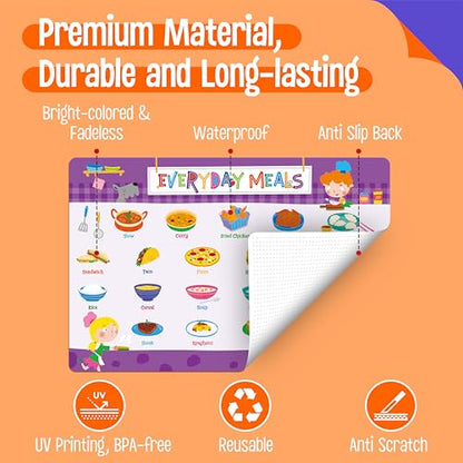 6 Pack Placemats for Kids, Non-Slip Washable Table Mats, Reusable Food Themed Dining Mats - Fruits, Vegetables, Snacks, Candies, Everyday Meal, Educational Placemats for Home, Classroom, Nursery - style: Food