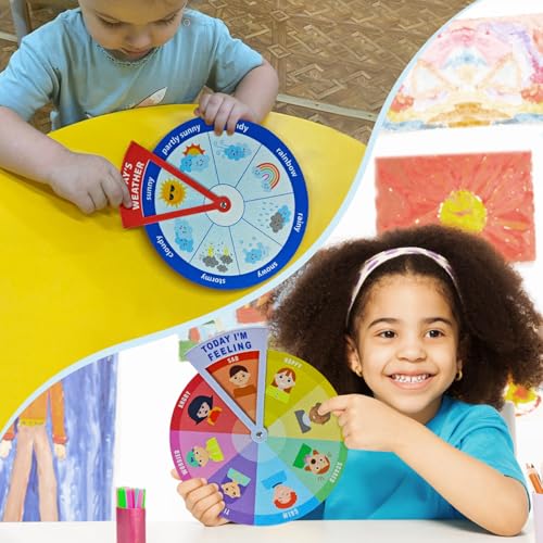 2-in-1 Emotion Wheel & Weather Chart for Kids - Interactive Social Emotional Learning (SEL) & Weather Forecast Preschool Toy, Felt Spinner Set for Classroom & Home (2 Pack) - style: Feeling & Weathers