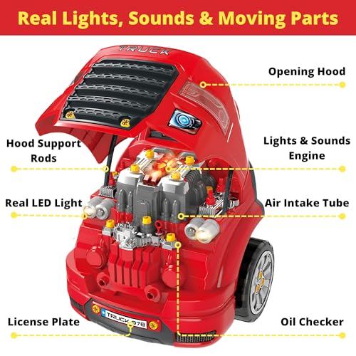 Large Truck Engine Toy — Interactive Steering Wheel, Engine Building Kit & Kids Mechanic Tool Set with Light & Sound – 56 PCS Take Apart Toys for Boys Ages 3+