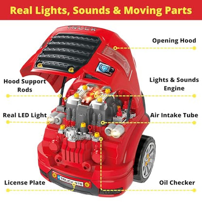 Large Truck Engine Toy — Interactive Steering Wheel, Engine Building Kit & Kids Mechanic Tool Set with Light & Sound – 56 PCS Take Apart Toys for Boys Ages 3+