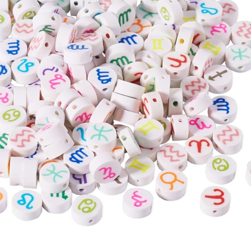 Elecrelive 180pcs Zodiac Clay Beads 12 Constellations Flat Round Loose Beads 10mm Disc Polymer Clay Beads for Jewelry Necklace Earring Friendship Birthday Bracelet Making - color: Mixed Color-12 Constellations