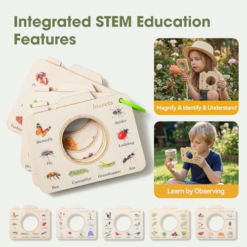 Wooden Bug Catcher Kit for Kids 3-8, 10PCS Durable Outdoor Explorer Kit with Magnifying Glass, Butterfly Net & STEM Guide, Catch & Release Adventure Set for Backyard & Camping