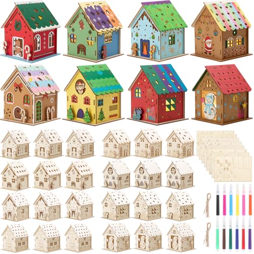 Threehoney 24 Sets Wooden Christmas Houses, 3D Gingerbread Village Kit
