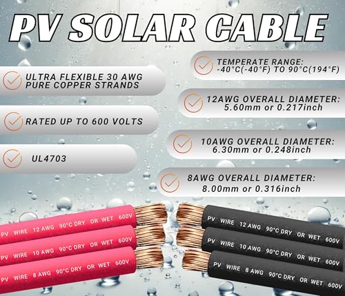 WindyNation 10 Gauge 10 AWG Pair 30 Feet Black + 30 Feet Red PV Photovoltaic Solar Panel Extension Cable Wire Solar Connectors - color: 30 Feet Black + 30 Feet Red, size: 10 AWG Solar Cable