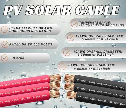 WindyNation 12 Gauge 12 AWG Pair 100 Feet Black + 100 Feet Red PV Photovoltaic Solar Panel Extension Cable Wire Solar Connectors - color: 100 Feet Black + 100 Feet Red, size: 12 AWG Solar Cable