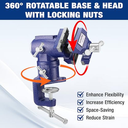 WORKPRO Dual Jaws Table Vise 2.5" & 1.5", 360° Swivel Clamp-On Bench Vise