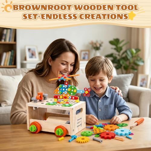 Wooden Toddler Tool Bench with Electric Toy Drill & Pull-Along Storage Cart - color: Tools Set-1