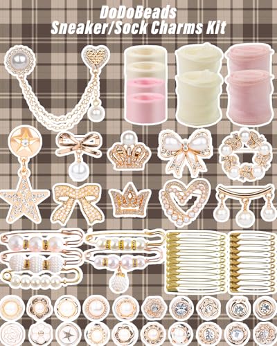 DoDoBeads 68 Pcs Shoe Charms for Sneakers, Elegant Sneaker Charms Kit with Pearls, Crowns, Ribbons & Satin/Lace Shoelaces, Sock Charm for Women, DIY Shoe Lace Decorations - style: Royal Pearl