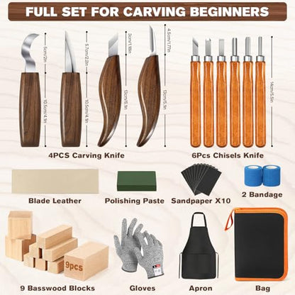 39 Pcs DIY Wood Carving Kit, 9 Basswood Blocks Carving Knives Storage Bag - color: Dark Brown-m