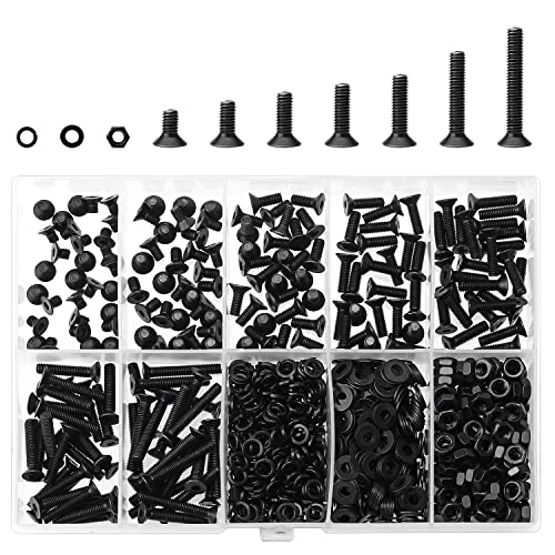 HELIFOUNER 560 Pieces M3 x 5mm /6mm /8mm /10mm /12mm /16mm /20mm, Countersunk Head Socket Cap Screws Bolts Washers Nuts Kit, 10.9 Grade Alloy Steel, Full Threaded, Black - size: M3, style: Countersunk Head