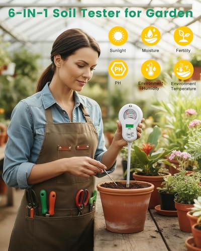 6-in-1 Soil Tester with 3 Probes - Soil Moisture, pH, Fertility, Temperature, Light & Air Humidity Meter, Soil Test Kit for Garden, Lawn, Indoor and Outdoor Plants