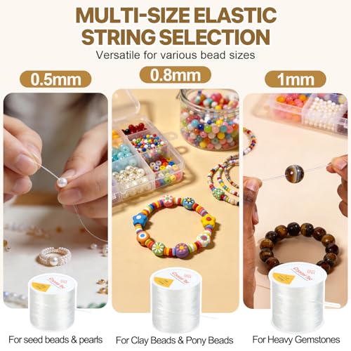 3 Rolls Elastic String Kit (328 Yds) with Spring Cord Clamps - 0.5/0.8/1.0mm Stretchy Cord for Clay & Seed Beads, Jewelry Repair, Necklaces & DIY Friendship Bracelets - 8 Pcs Set w/Needles & Scissors