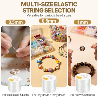 3 Rolls Elastic String Kit (328 Yds) with Spring Cord Clamps - 0.5/0.8/1.0mm Stretchy Cord for Clay & Seed Beads, Jewelry Repair, Necklaces & DIY Friendship Bracelets - 8 Pcs Set w/Needles & Scissors