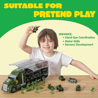 JOYIN 25 in 1 Military Kids Truck Toys for Age 3+, Kids Boy Toys, Army Men Tanks Set with Soldier Men, Mini Battle Cars in Carrier Truck with Lights and Sounds, Gifts for Grandkids - style: Military Truck