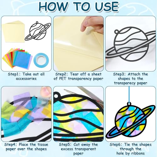 Qyeahkj 36 Set Outer Space Suncatchers Crafts for DIY Solar System Window Tissue Paper Craft Kit Space Hanging Decor for Planet Home Activity Art Project Birthday Party Favor Gift - style: Outer Space