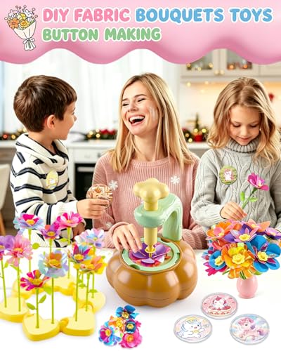 Rainbow World 2 in 1 Fabric Flower Press for Kids, DIY Flower Bouquet Kit with Button Maker, Embossing Tool STEM Toy, Screen-Free Activity for 4-8 Girls Boys - color: Dark brown