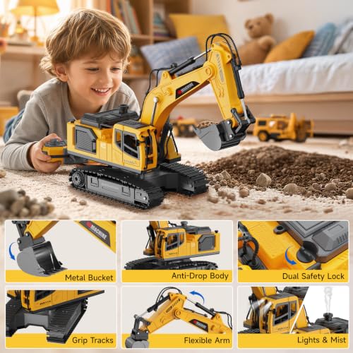Remote Control Excavator Toy for Boys, 3-in-1 RC Excavator with Alloy Bucket, Breaker & Grapple, Construction Vehicle Toys with Lights & Sounds, 2×1200mAh Batteries, Birthday Gift for Kids 8-12 - size: 1:18 Scale