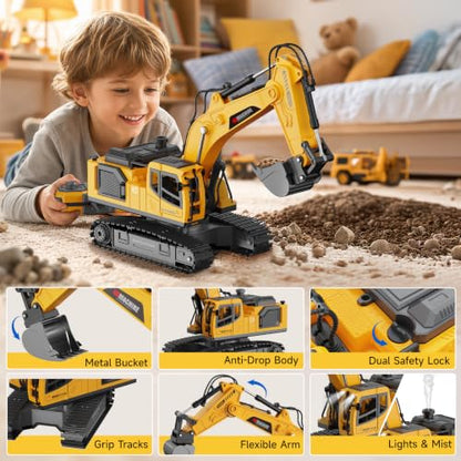 Remote Control Excavator Toy for Boys, 3-in-1 RC Excavator with Alloy Bucket, Breaker & Grapple, Construction Vehicle Toys with Lights & Sounds, 2×1200mAh Batteries, Birthday Gift for Kids 8-12 - size: 1:18 Scale