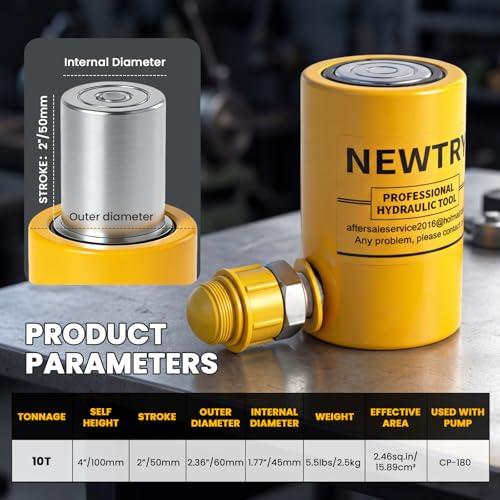 NEWTRY 10T Short Hydraulic Ram Jack, 2" Stroke Porta Power Ram Auto Retract - size: 10T