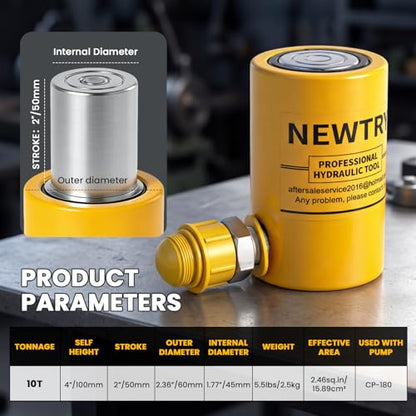 NEWTRY 10T Short Hydraulic Ram Jack, 2" Stroke Porta Power Ram Auto Retract - size: 10T