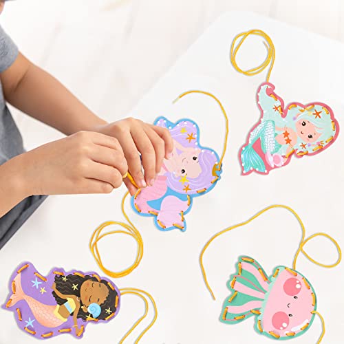Pajean 10 Pcs Kids Lacing Cards Double Sided Animal Sewing Cards Kits 10 Styles Lacing Toy Crafts for Toddler Ages 6+ Developing Imagination Preschool Learning Activity Supplies(Mermaid Style) - style: Mermaid Style